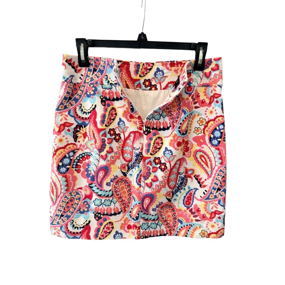Talbots Womens Pink Blue Paisley Cotton Blend Mini Skirt Size‎ 4 A-Line Textured